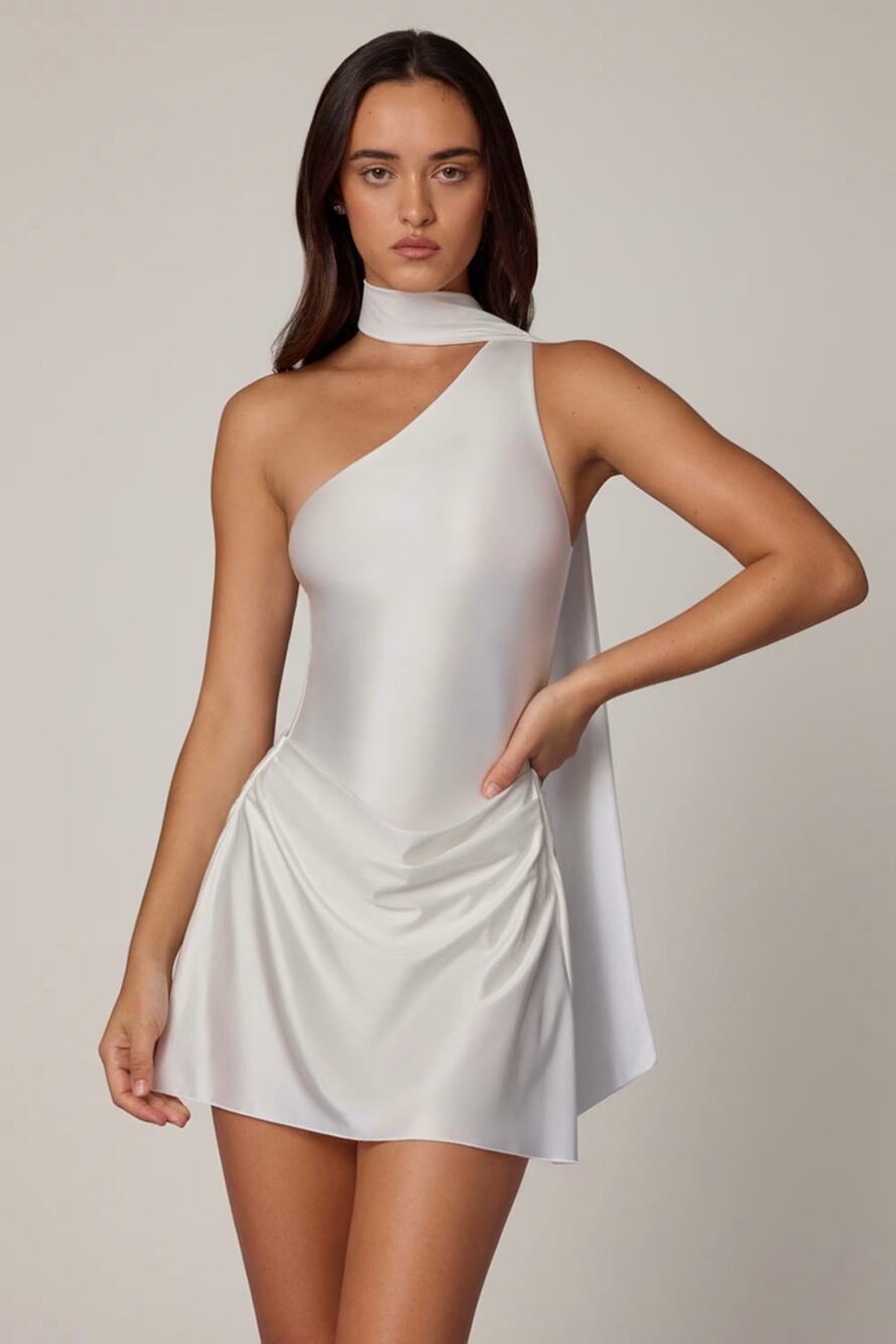 NWT Oh Polly Kiraz Asymmetric One Shoulder Scarf-Detail Mini Dress White US 4